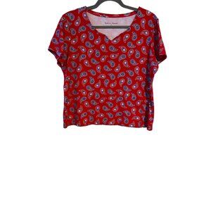 Rebecca Malone Women XL Top Red Paisley Short Sleeve Soft Cotton Flannel Artsy